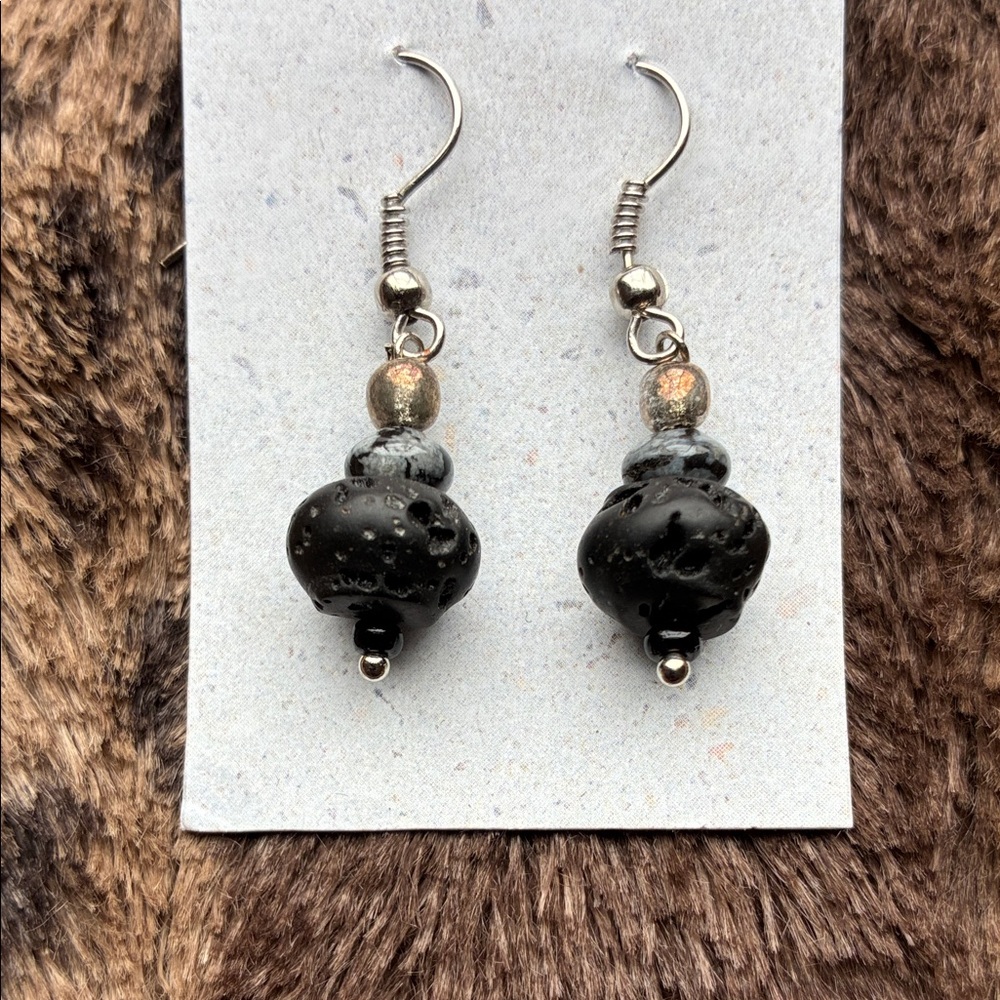 Black Lava Rock Cristobalite Snowflake Obsidian & Gold Dangle Earrings Handmade